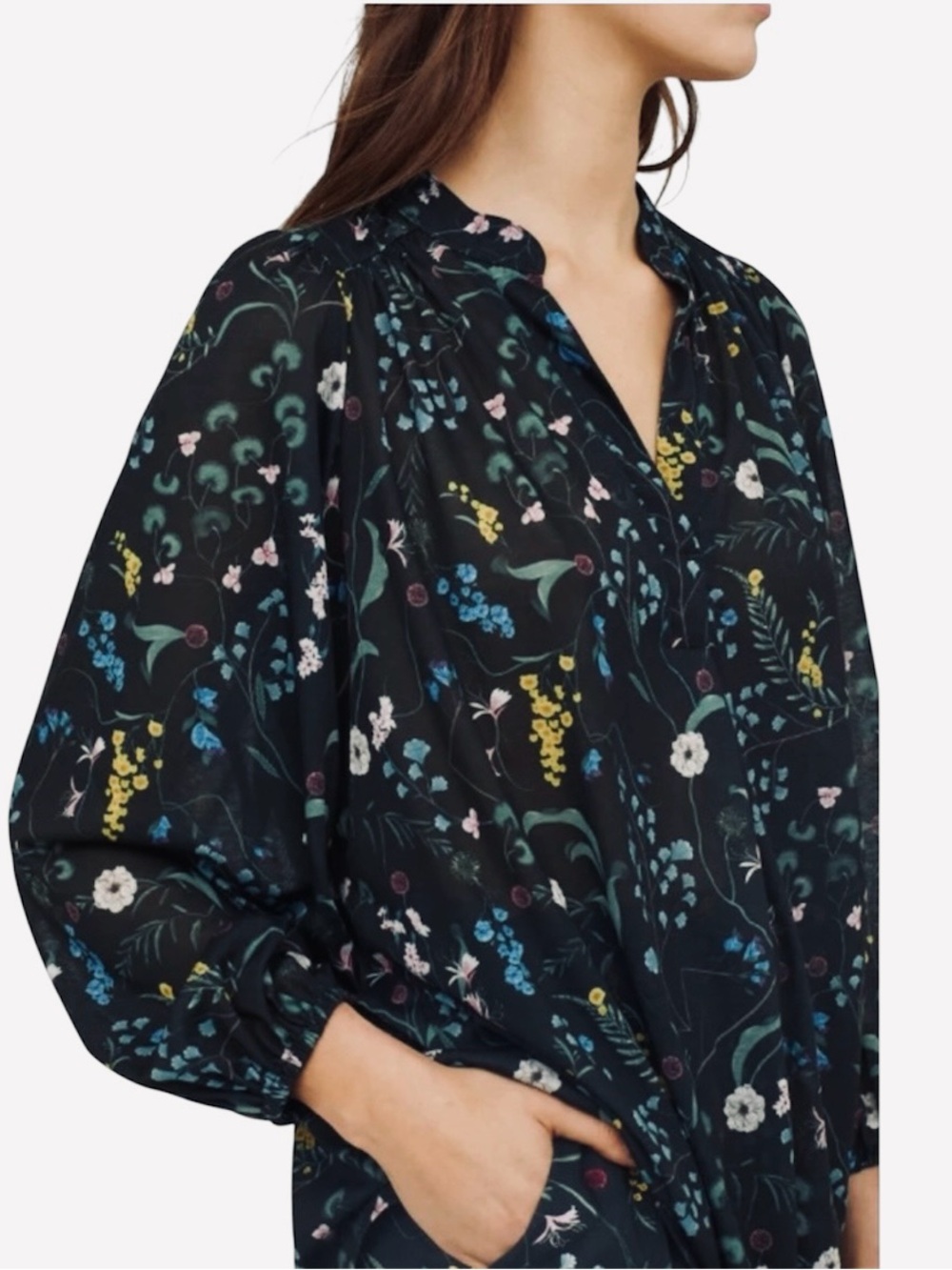 Anna Glover × H&M Black Floral Size L Peasant Blouse Wildflower Boho Cottagecore